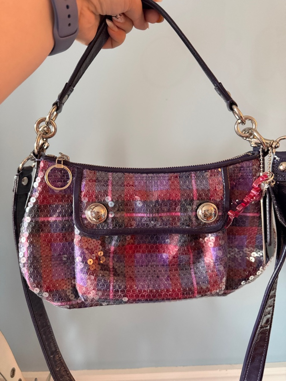 Coach Poppy Sequin Plaid Shoulder Bag in Purple and Pink